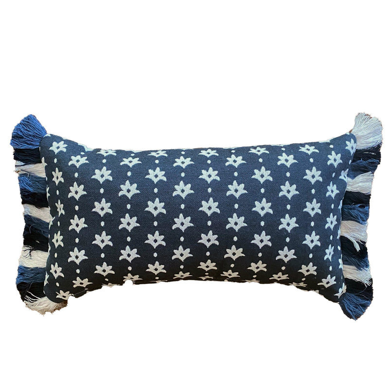 Outdoor lumbar Cushion navy Avalon with navy, blue + white fringe (Copy)