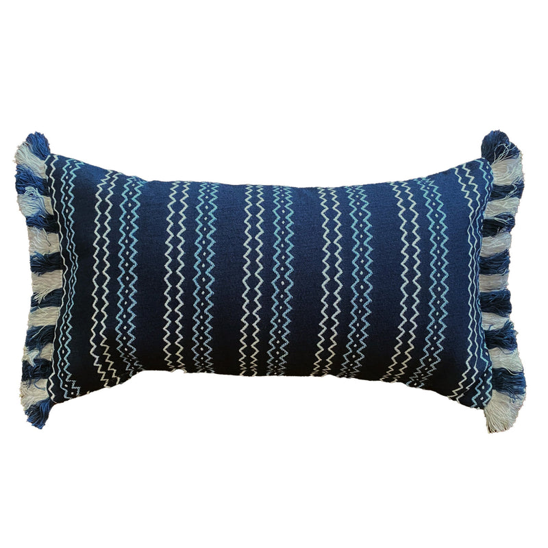 Outdoor lumbar Cushion navy zigzag with blue + white fringe