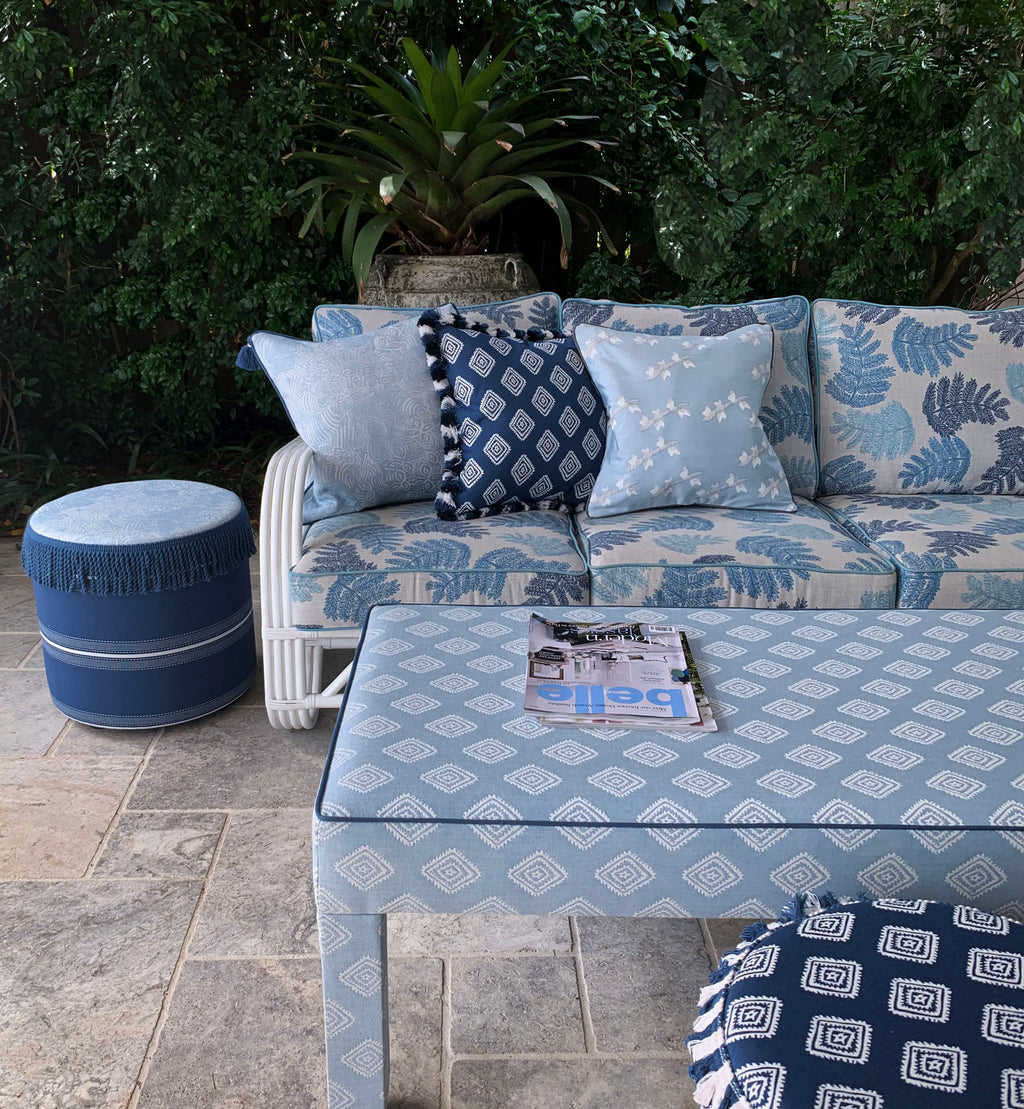 Outdoor Cushion Blue Chambray Spring Tide pattern, with tassels - The Long Weekend Fabric House