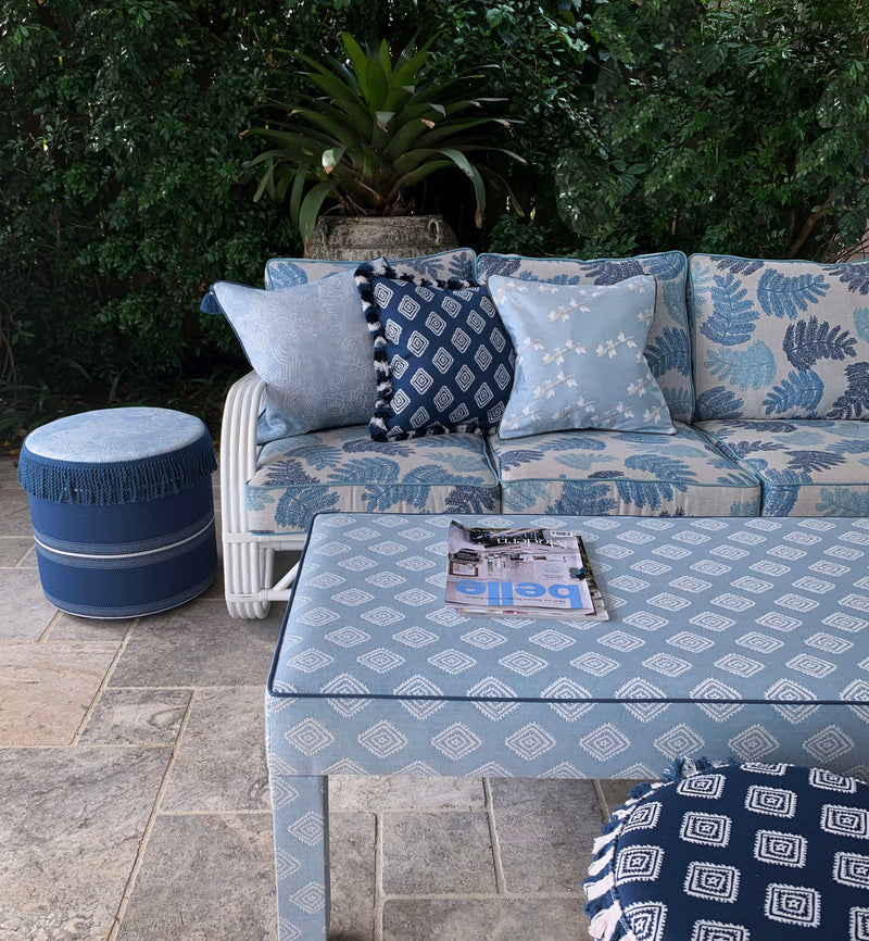 Outdoor Cushion Blue Chambray Spring Tide pattern, with tassels
