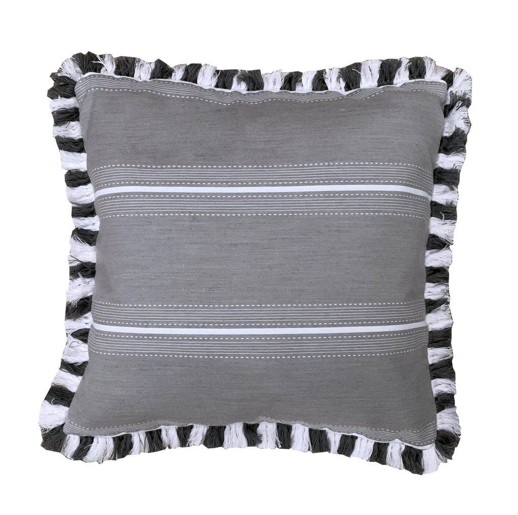 Grey Outdoor Cushion in Stone Stripe Dash pattern with fringe - The Long Weekend Fabric House