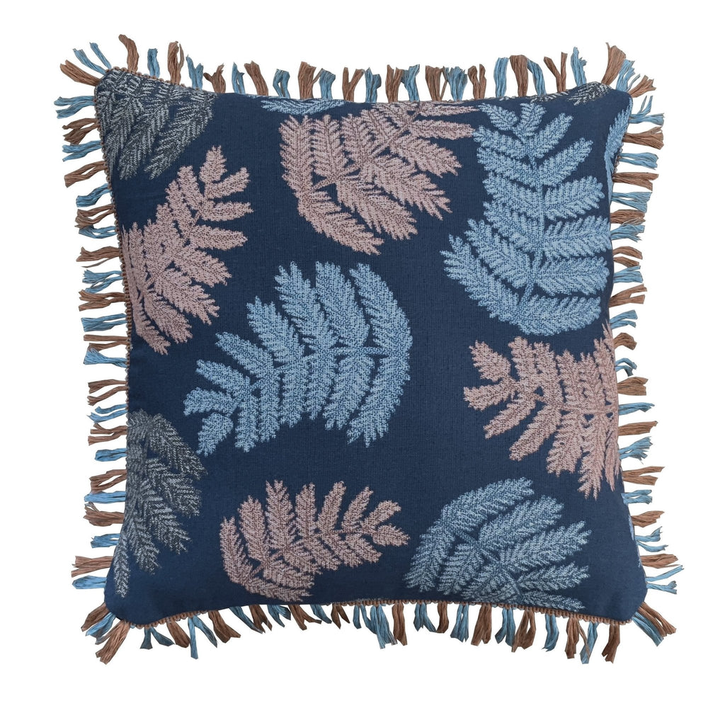 Outdoor Cushion Deep Blue & Terracotta Big Leaves with fringe - The Long Weekend Fabric House