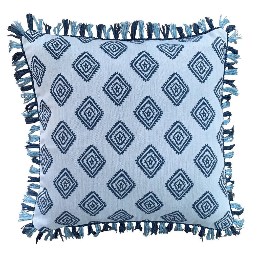 Outdoor Cushion Duck Egg & Deep Blue Mini Diamonds with fringe - The Long Weekend Fabric House