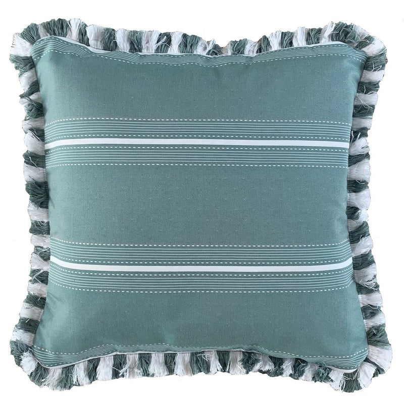 Outdoor Cushion Green Eucalyptus Stripe with fringe - The Long Weekend Fabric House