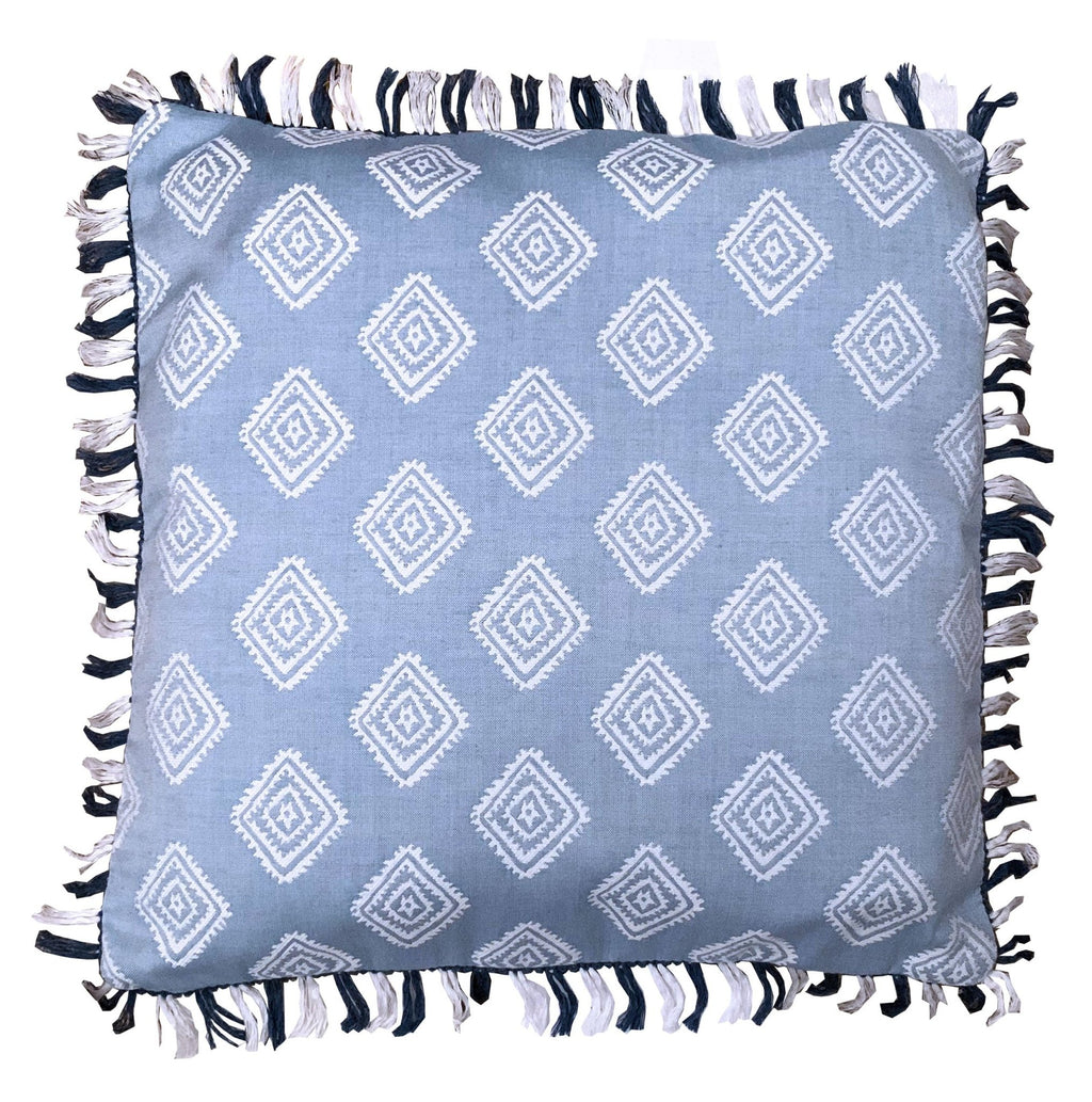 Outdoor Cushion Light Blue Chambray with fringe Mini Diamond Pattern - The Long Weekend Fabric House