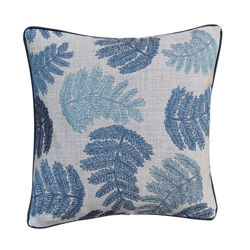 Outdoor Cushion Linen & Blue Big Leaves with piping - The Long Weekend Fabric House