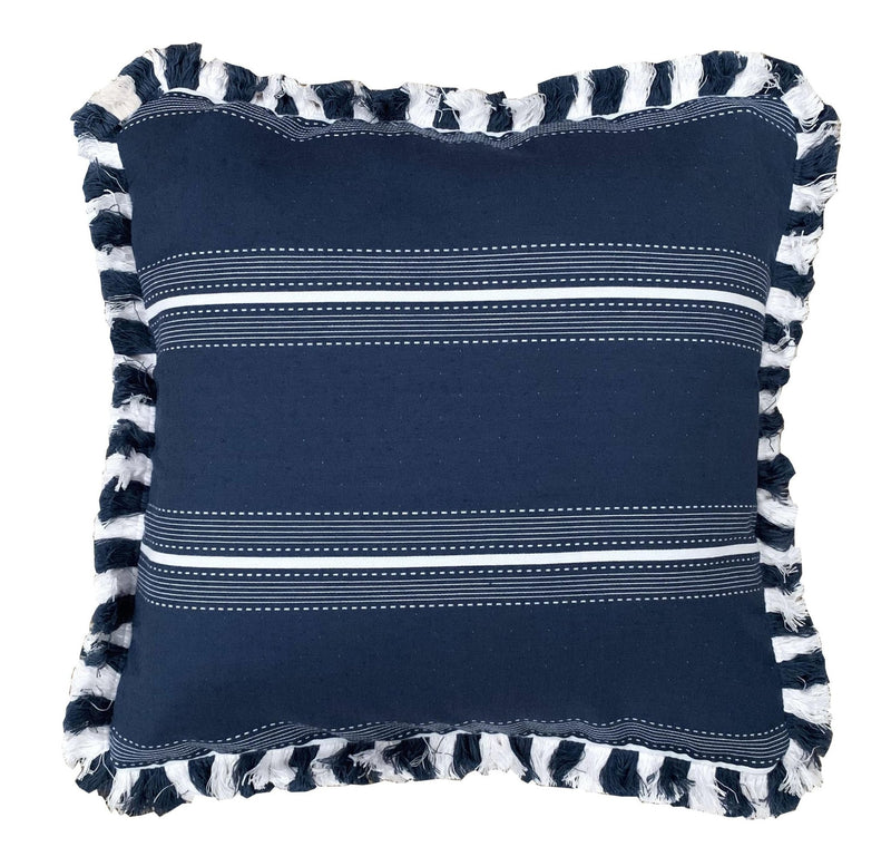 Outdoor Cushion Navy Blue Stripe Dash with fringe - The Long Weekend Fabric House