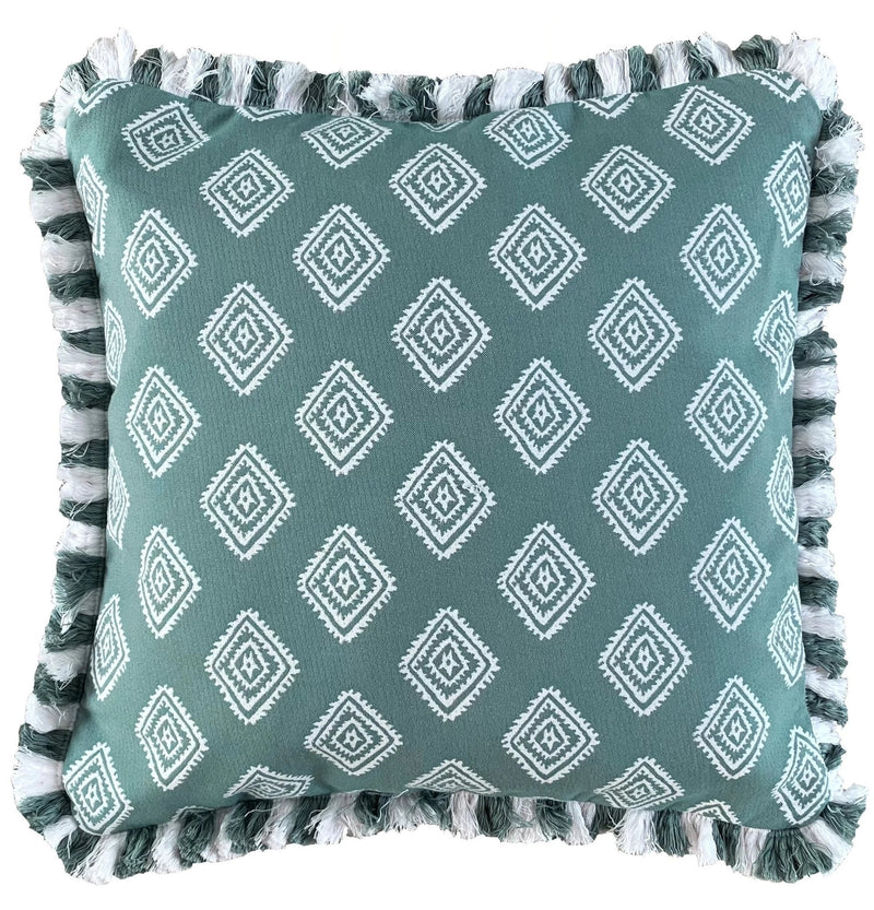 Outdoor Cushion Sage Green Mini Diamond with fringe - The Long Weekend Fabric House